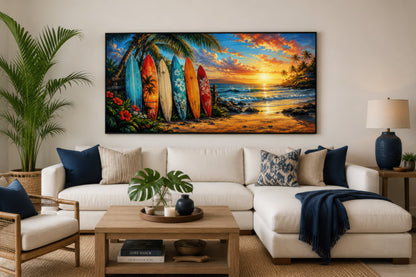Colorful Surf Boards On The Beach Framed Canvas Wall Art