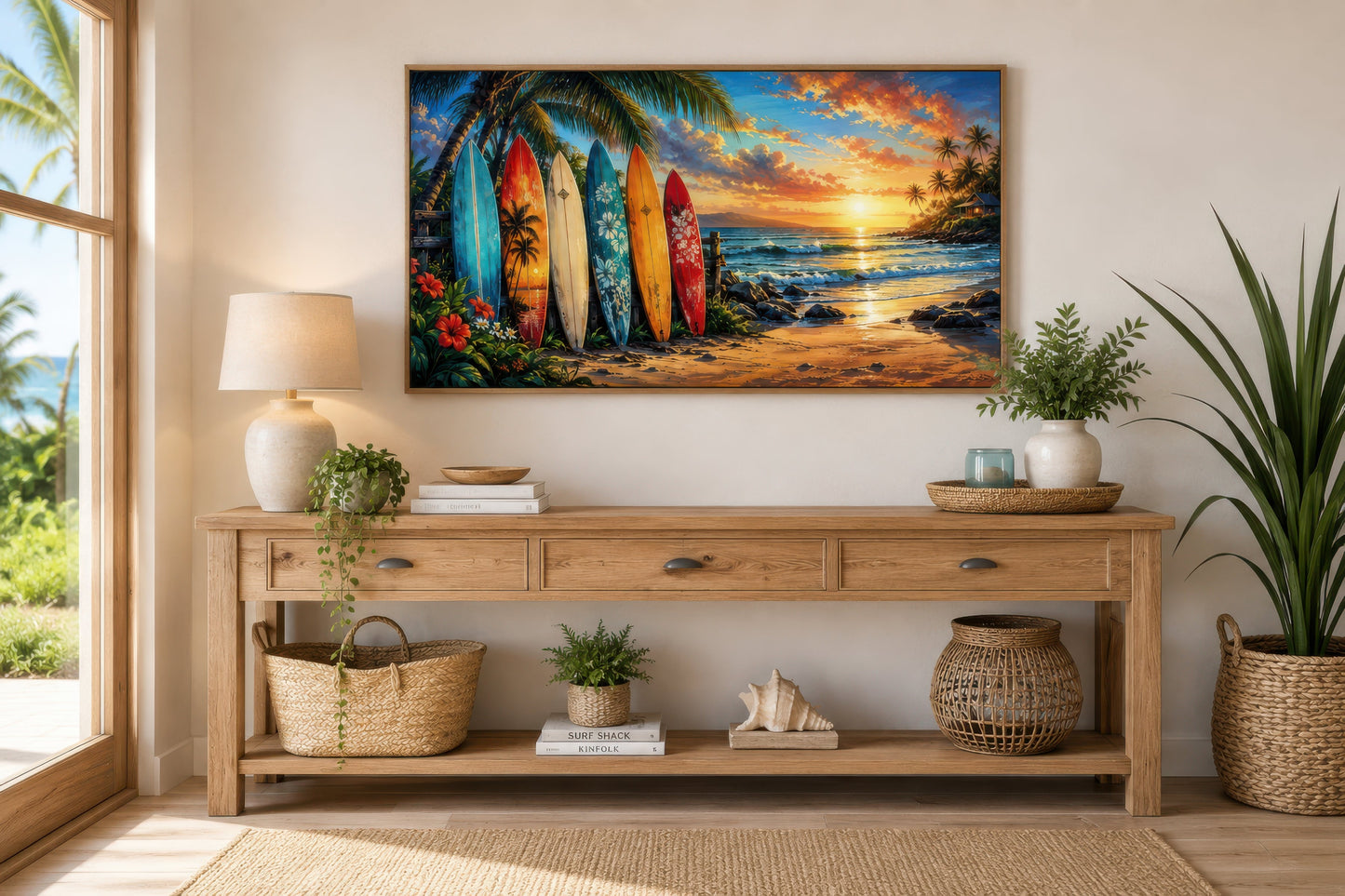 Colorful Surf Boards On The Beach Framed Canvas Wall Art