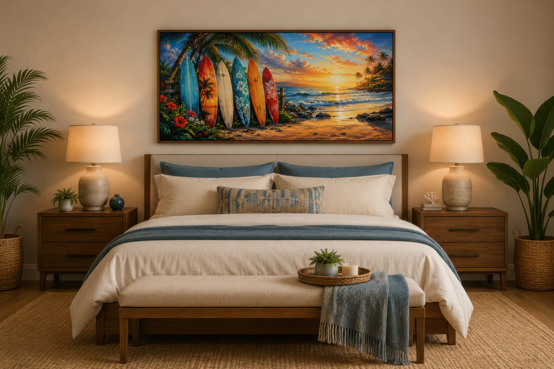 Colorful Surf Boards On The Beach Framed Canvas Wall Art