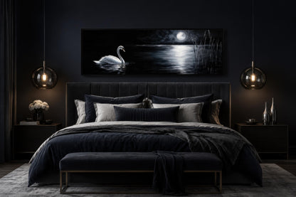 Swan In Moonlit Lake Wall Art - Long Narrow Canvas Print | Dark Moody Bedroom Decor