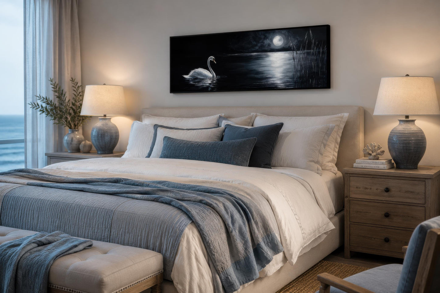 Swan In Moonlit Lake Wall Art - Long Narrow Canvas Print | Dark Moody Bedroom Decor