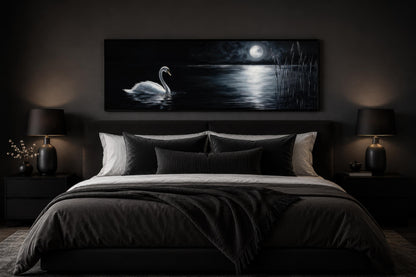 Swan In Moonlit Lake Wall Art - Long Narrow Canvas Print | Dark Moody Bedroom Decor