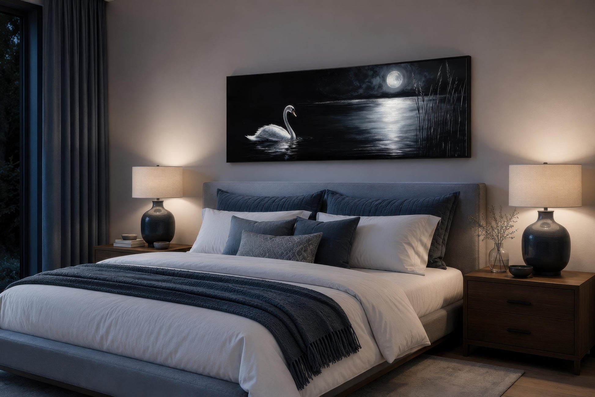 Swan In Moonlit Lake Wall Art - Long Narrow Canvas Print | Dark Moody Bedroom Decor