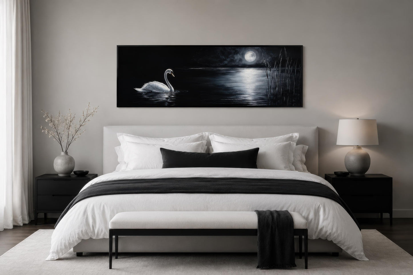 Swan In Moonlit Lake Wall Art - Long Narrow Canvas Print | Dark Moody Bedroom Decor