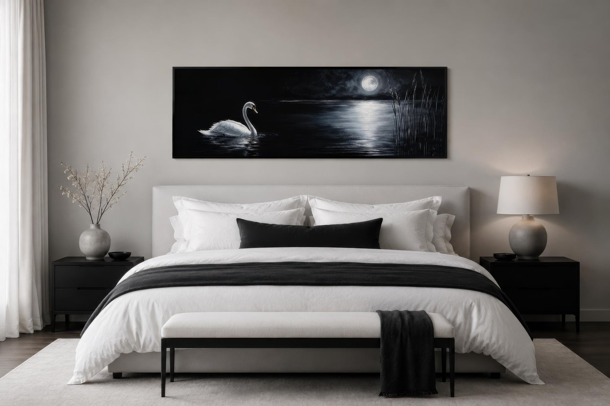 Swan In Moonlit Lake Wall Art - Long Narrow Canvas Print | Dark Moody Bedroom Decor