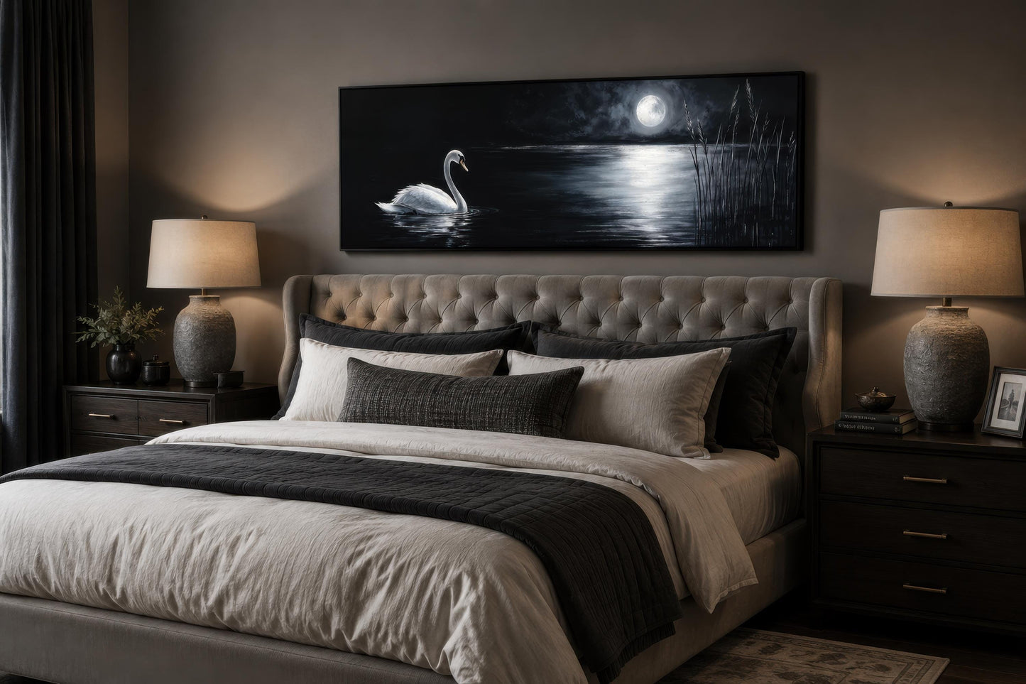 Swan In Moonlit Lake Wall Art - Long Narrow Canvas Print | Dark Moody Bedroom Decor