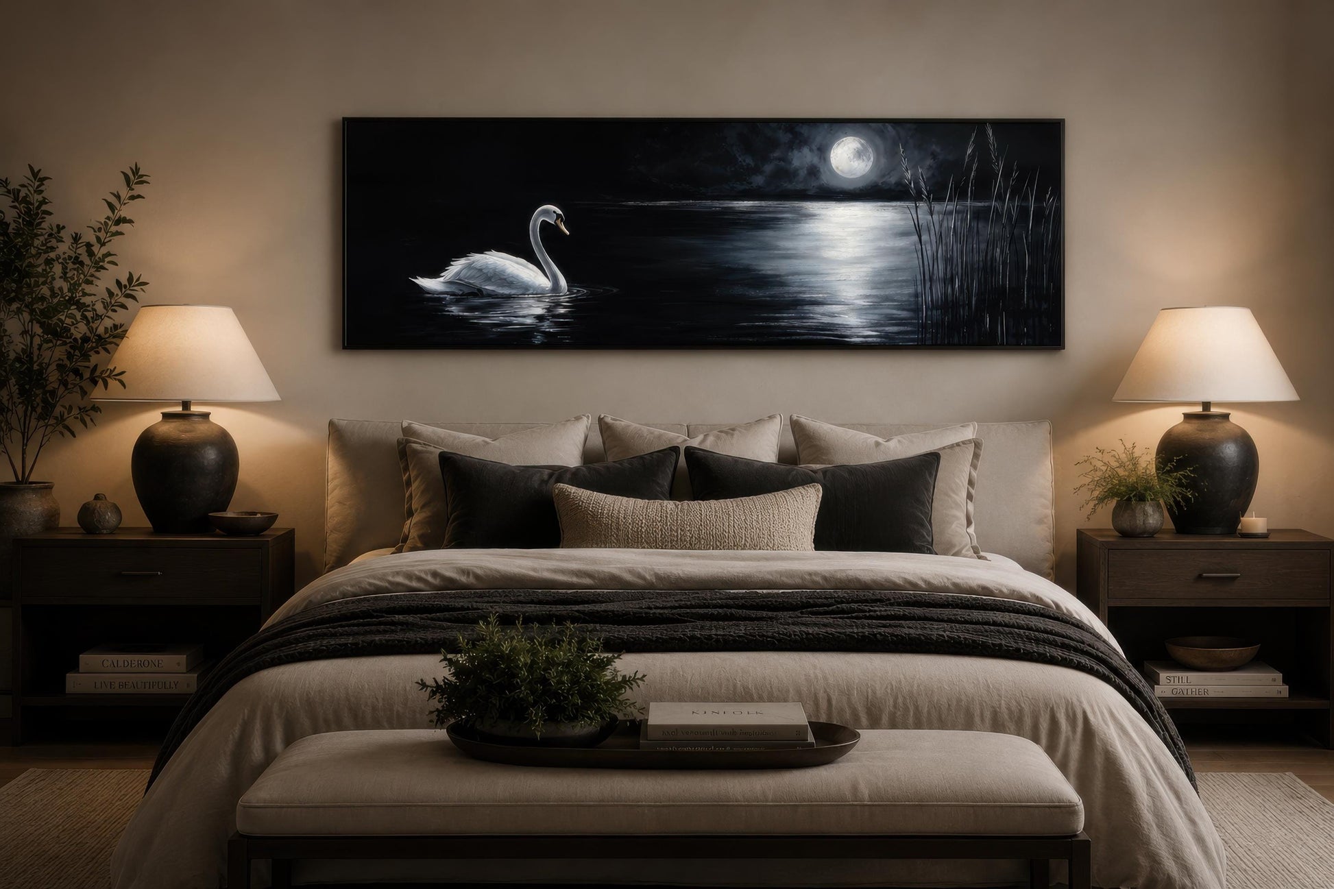 Swan In Moonlit Lake Wall Art - Long Narrow Canvas Print | Dark Moody Bedroom Decor