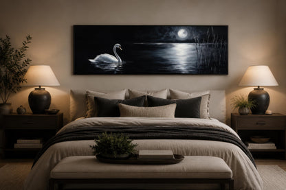 Swan In Moonlit Lake Wall Art - Long Narrow Canvas Print | Dark Moody Bedroom Decor