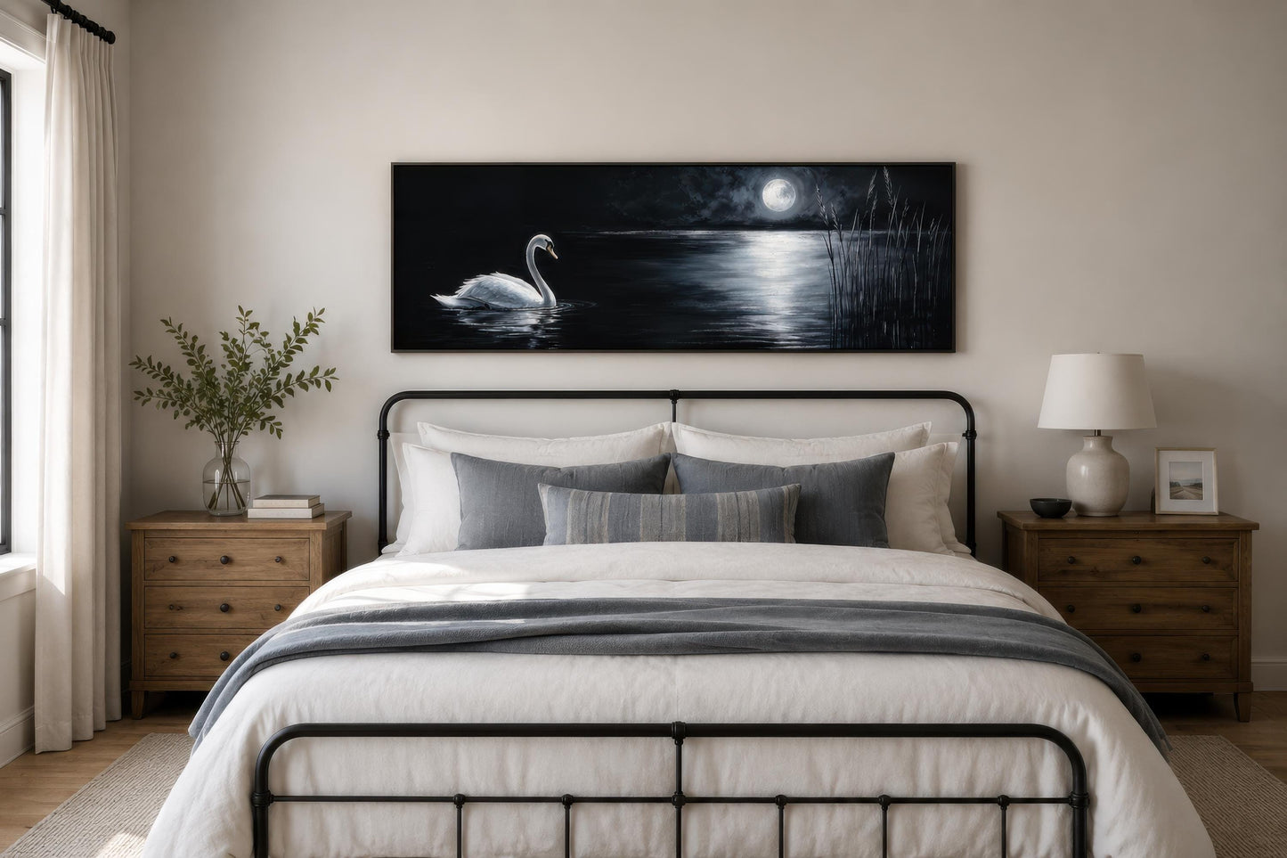 Swan In Moonlit Lake Wall Art - Long Narrow Canvas Print | Dark Moody Bedroom Decor