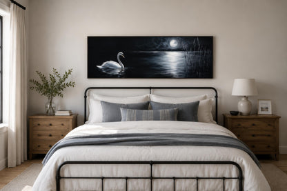 Swan In Moonlit Lake Wall Art - Long Narrow Canvas Print | Dark Moody Bedroom Decor