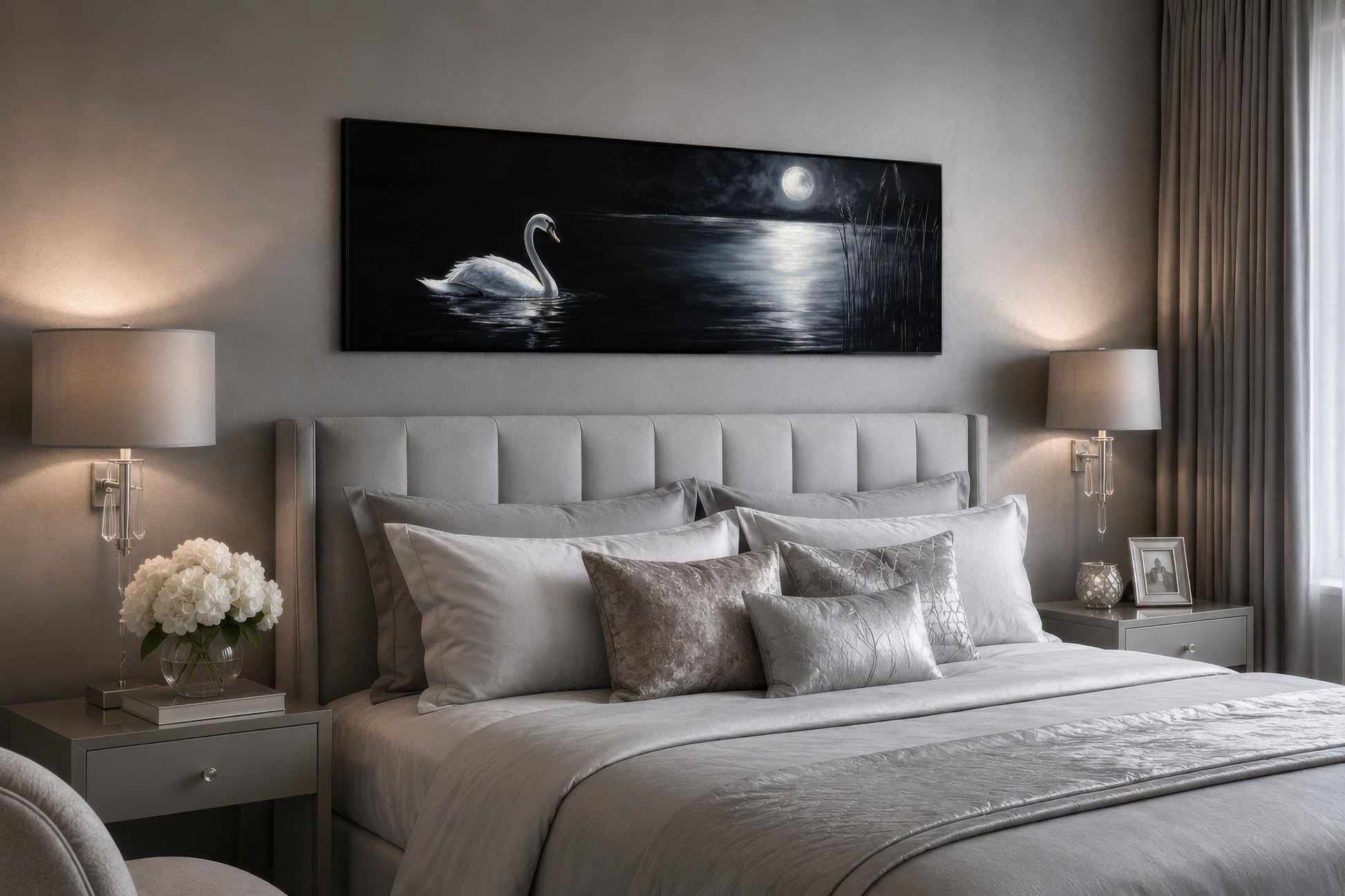 Swan In Moonlit Lake Wall Art - Long Narrow Canvas Print | Dark Moody Bedroom Decor