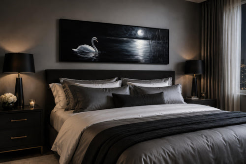 Swan In Moonlit Lake Wall Art - Long Narrow Canvas Print | Dark Moody Bedroom Decor