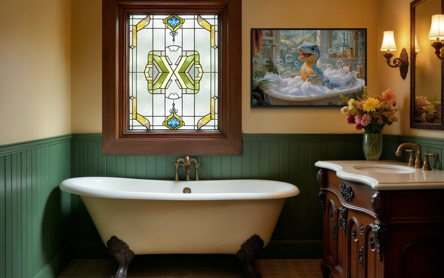 T Rex Dinosaur in a Bathtub Framed Canvas Wall Art