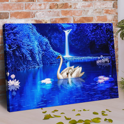 Waterfall Swan Painting Canvas Wall Art