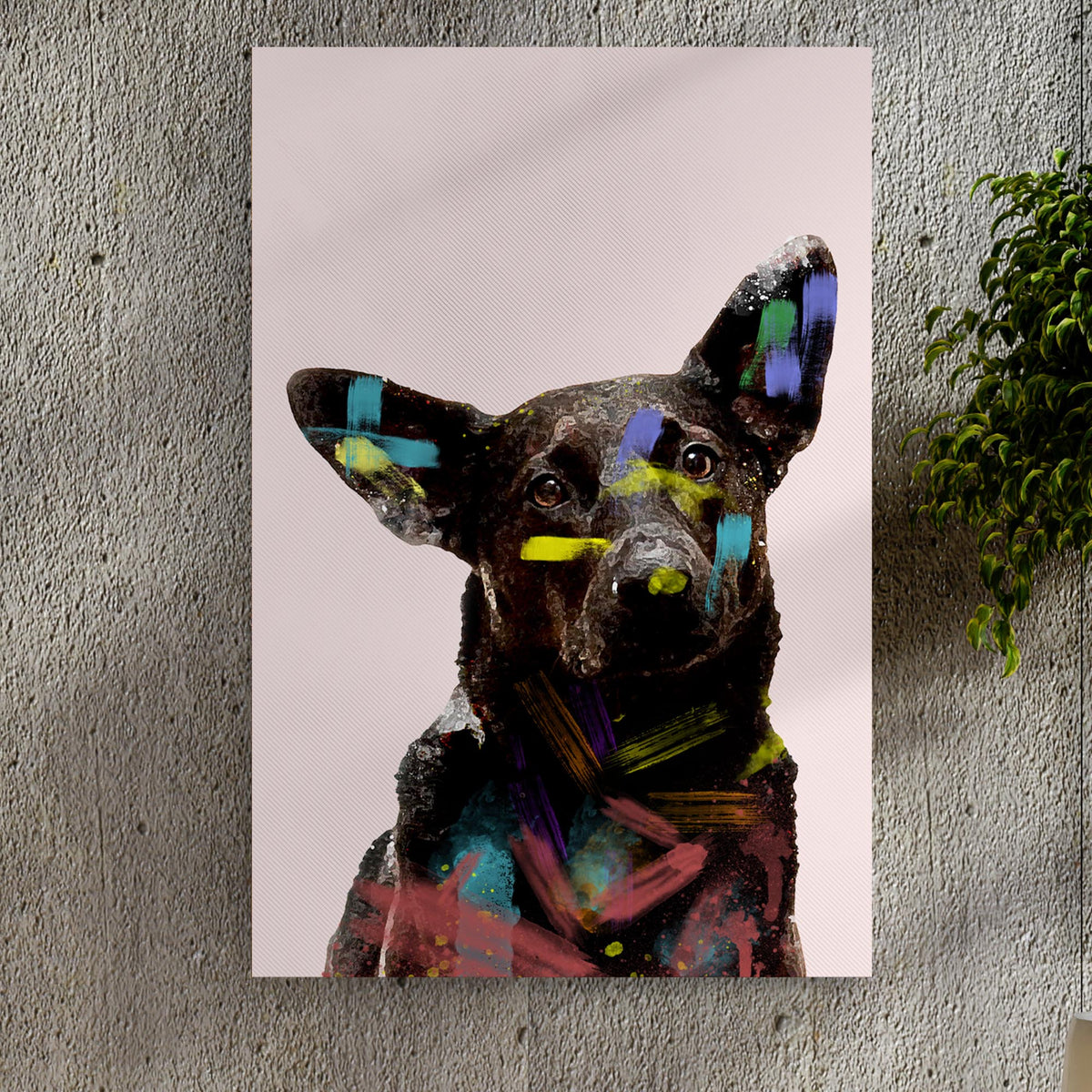 Colorful Black Dog Portrait Canvas Wall Art