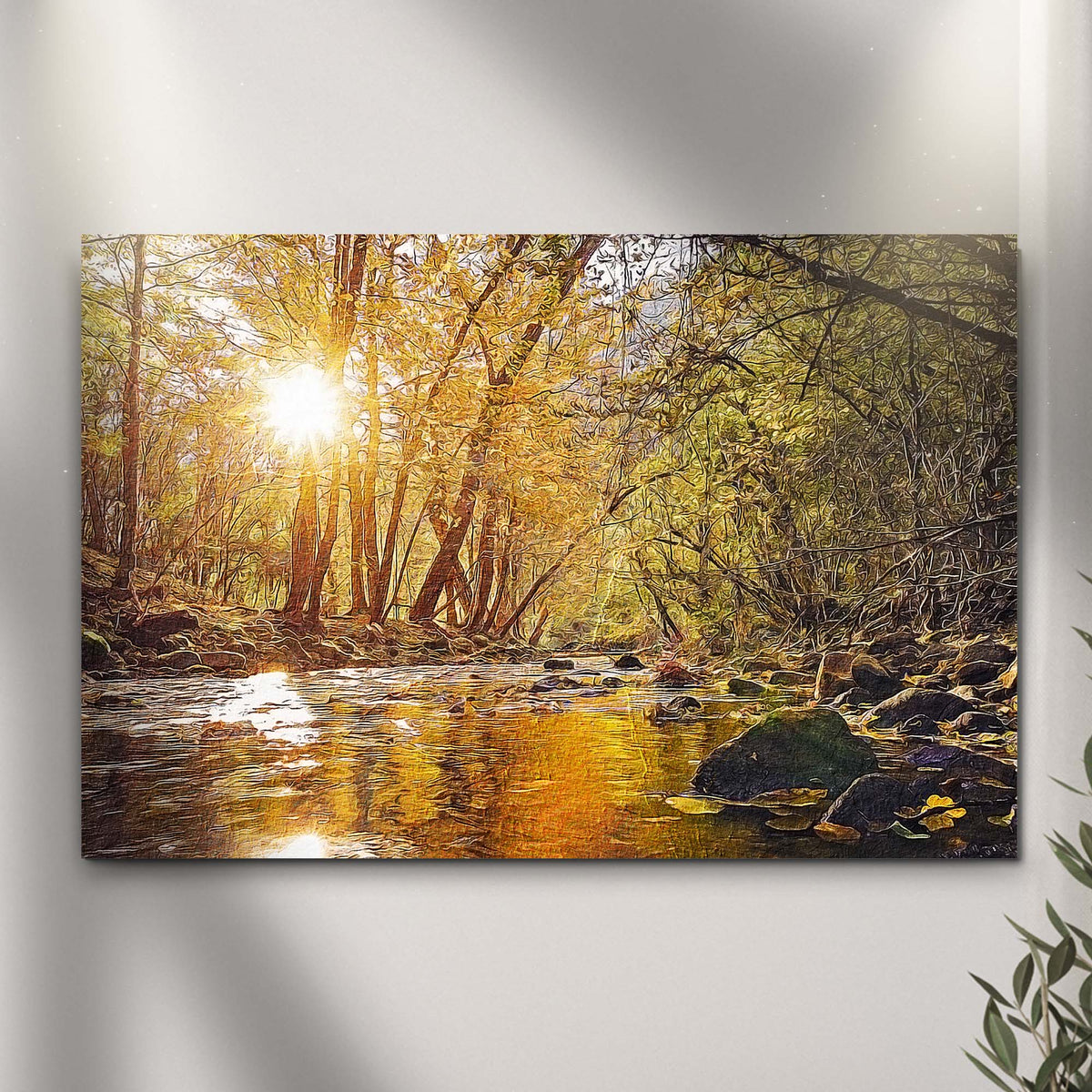 Sunlit River Woods Canvas Wall Art
