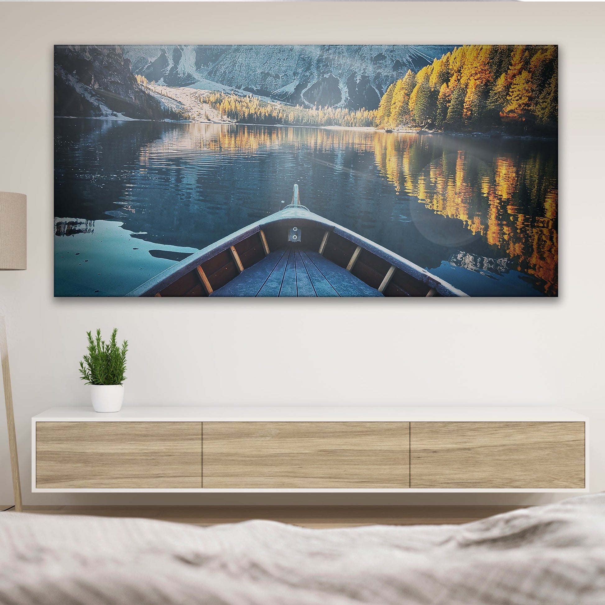 Boat View By The Lake Canvas Wall Art