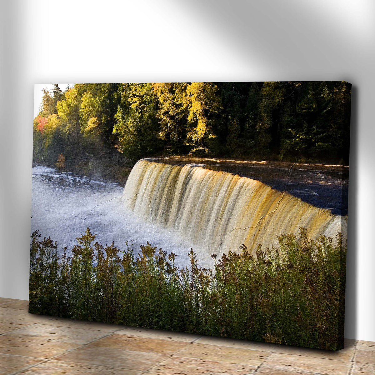 Michigan Autumn Waterfall Rapids Canvas Wall Art