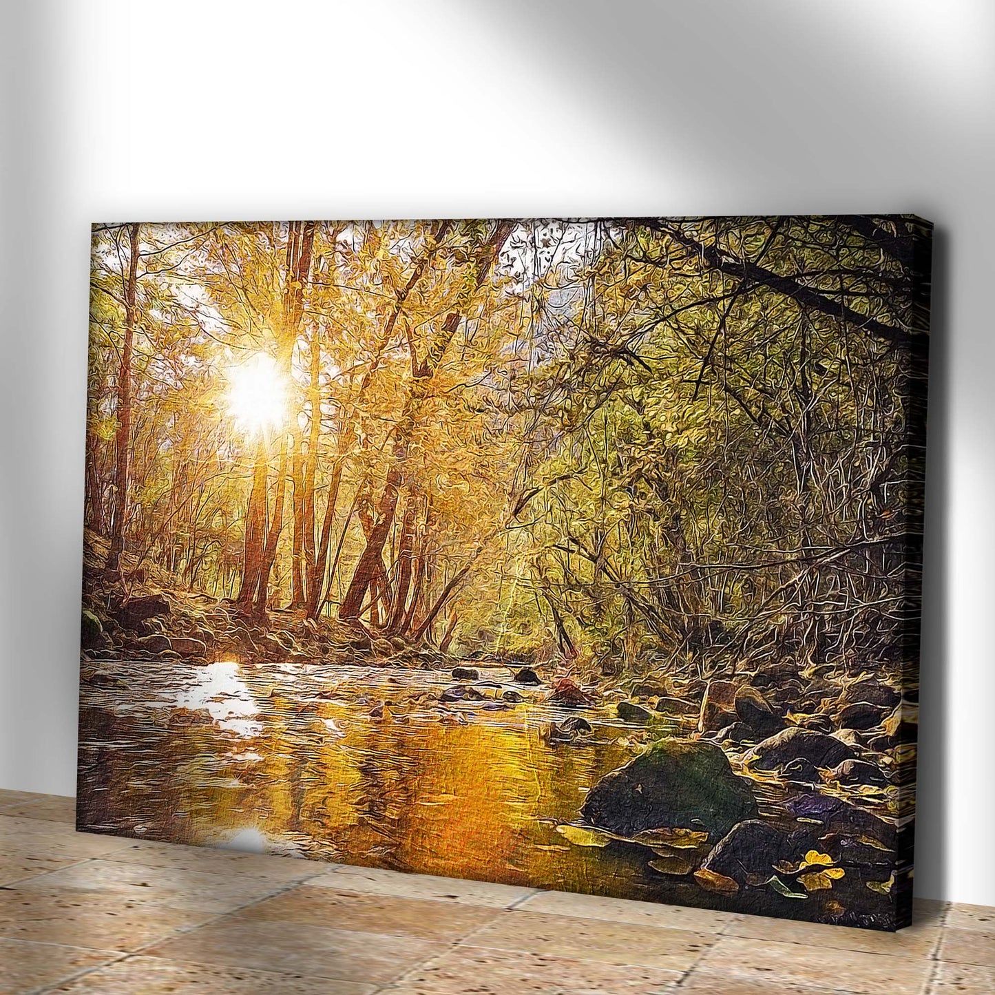 Sunlit River Woods Canvas Wall Art
