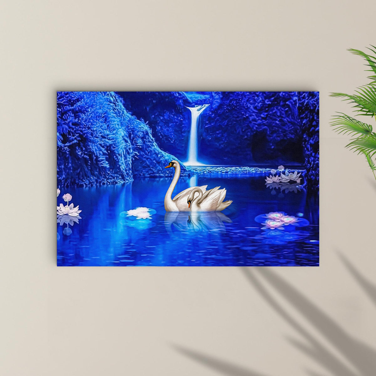 Waterfall Swan Painting Canvas Wall Art