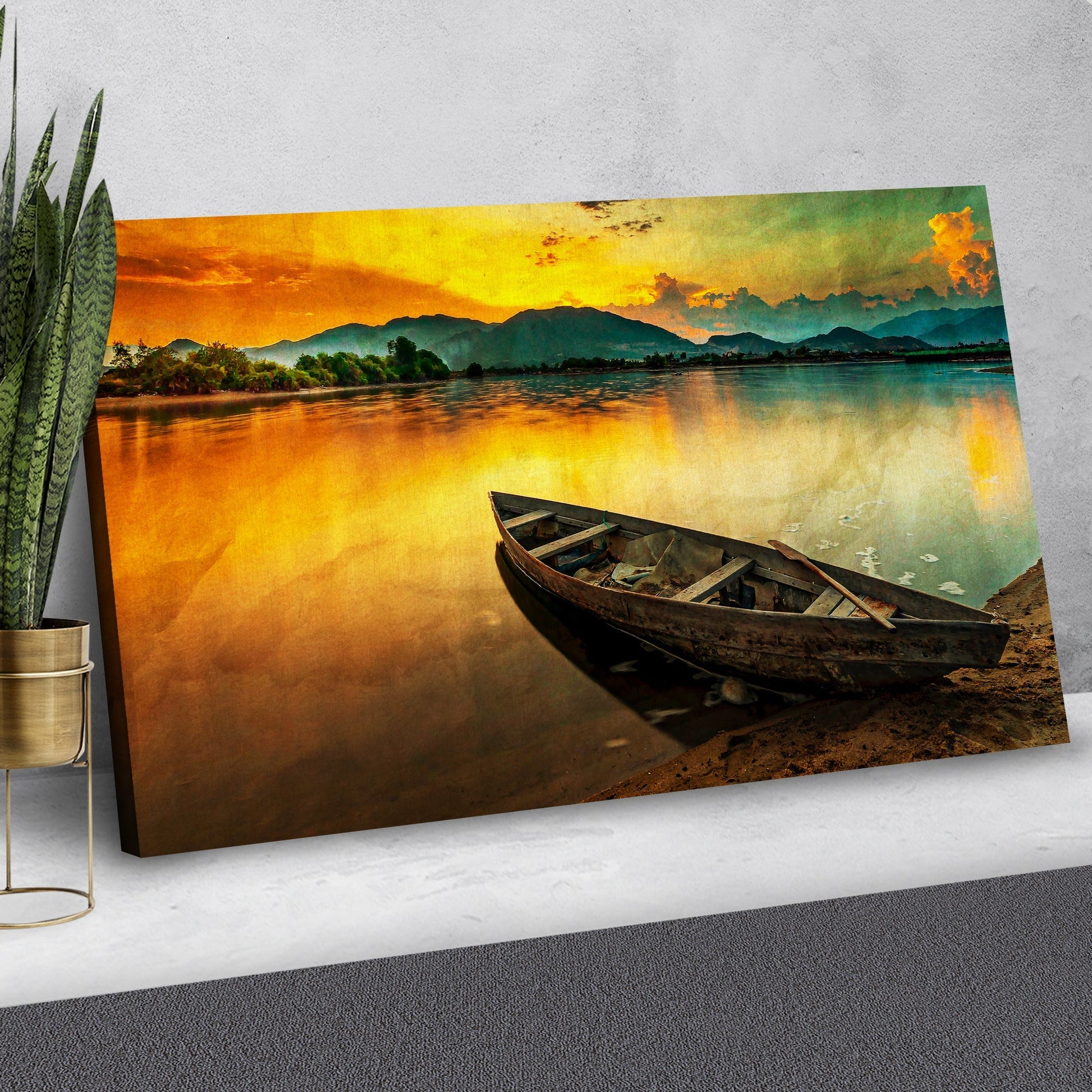 Abandoned Boat By The River At Sunset Wall Art