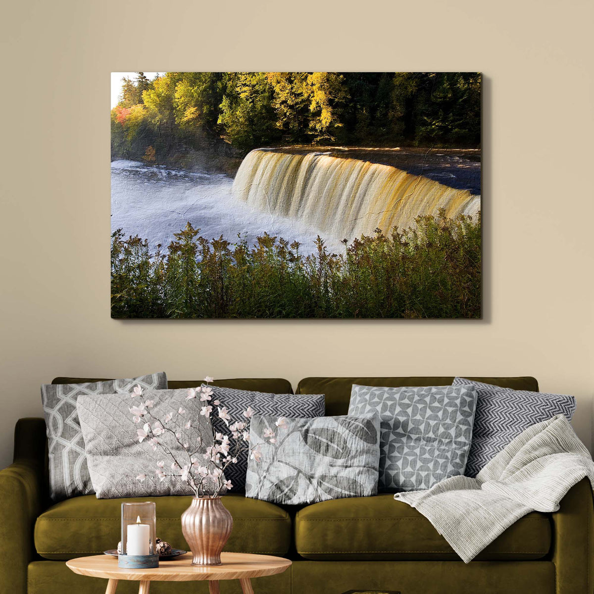 Michigan Autumn Waterfall Rapids Canvas Wall Art