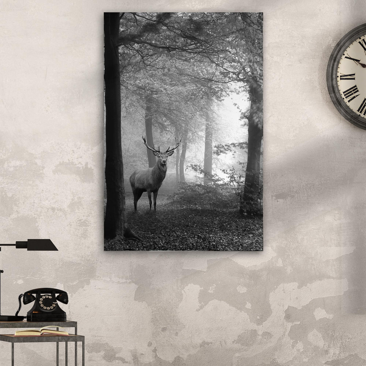 Deer In Foggy Forest Canvas Wall Art