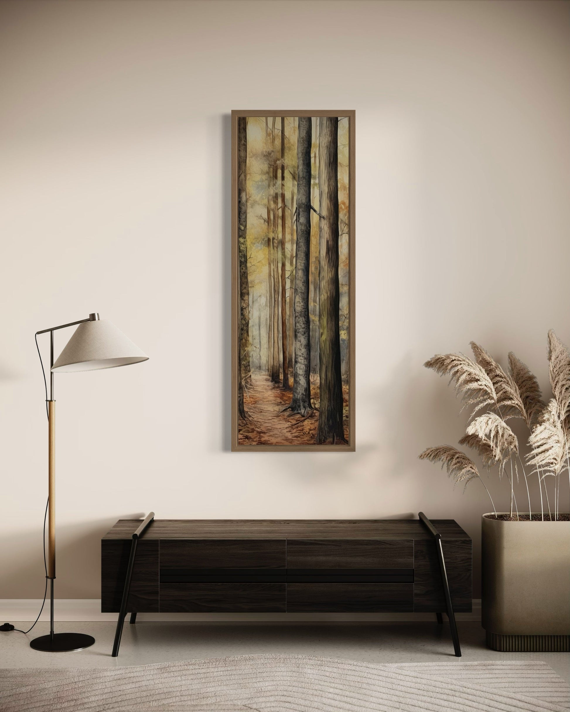 Tall Long Narrow Cabin Decor Watercolor Fir Trees Framed Canvas Wall Art