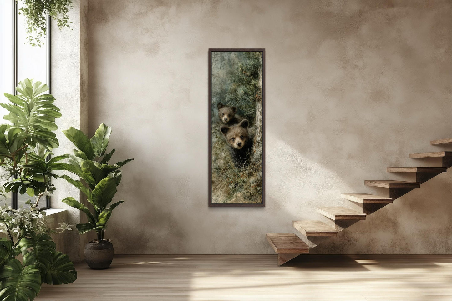 Tall Narrow Baby Bear Cubs Peeking From Pine Tree Canvas Wall Art For Cabin Decor