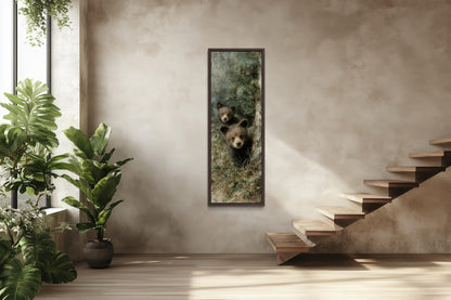 Tall Narrow Baby Bear Cubs Peeking From Pine Tree Canvas Wall Art For Cabin Decor