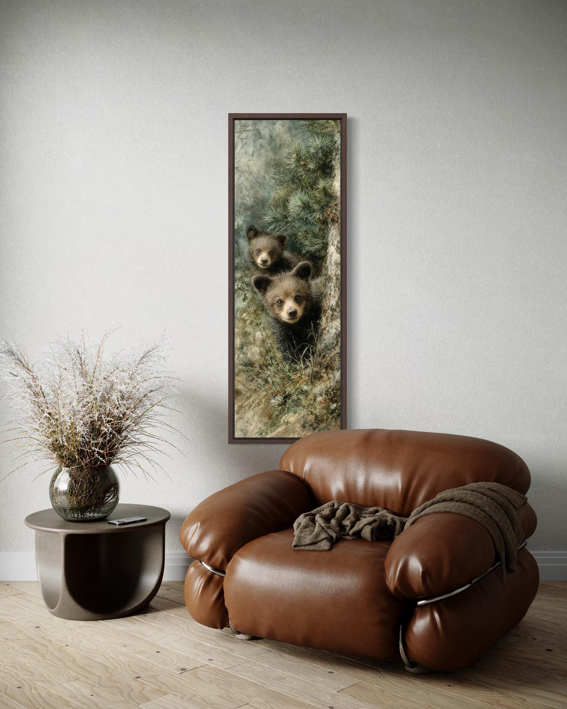 Tall Narrow Baby Bear Cubs Peeking From Pine Tree Canvas Wall Art For Cabin Decor