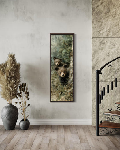 Tall Narrow Baby Bear Cubs Peeking From Pine Tree Canvas Wall Art For Cabin Decor