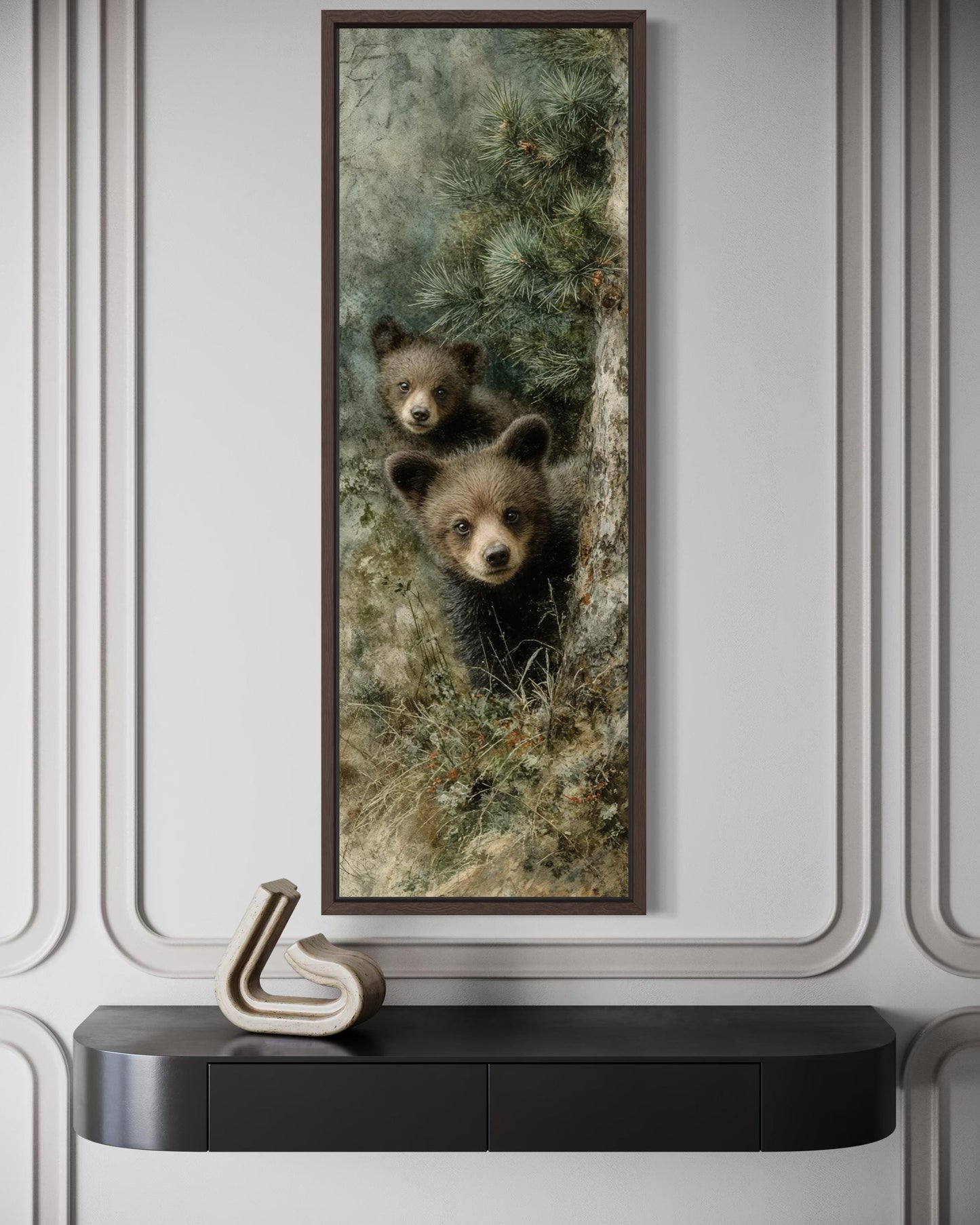 Tall Narrow Baby Bear Cubs Peeking From Pine Tree Canvas Wall Art For Cabin Decor
