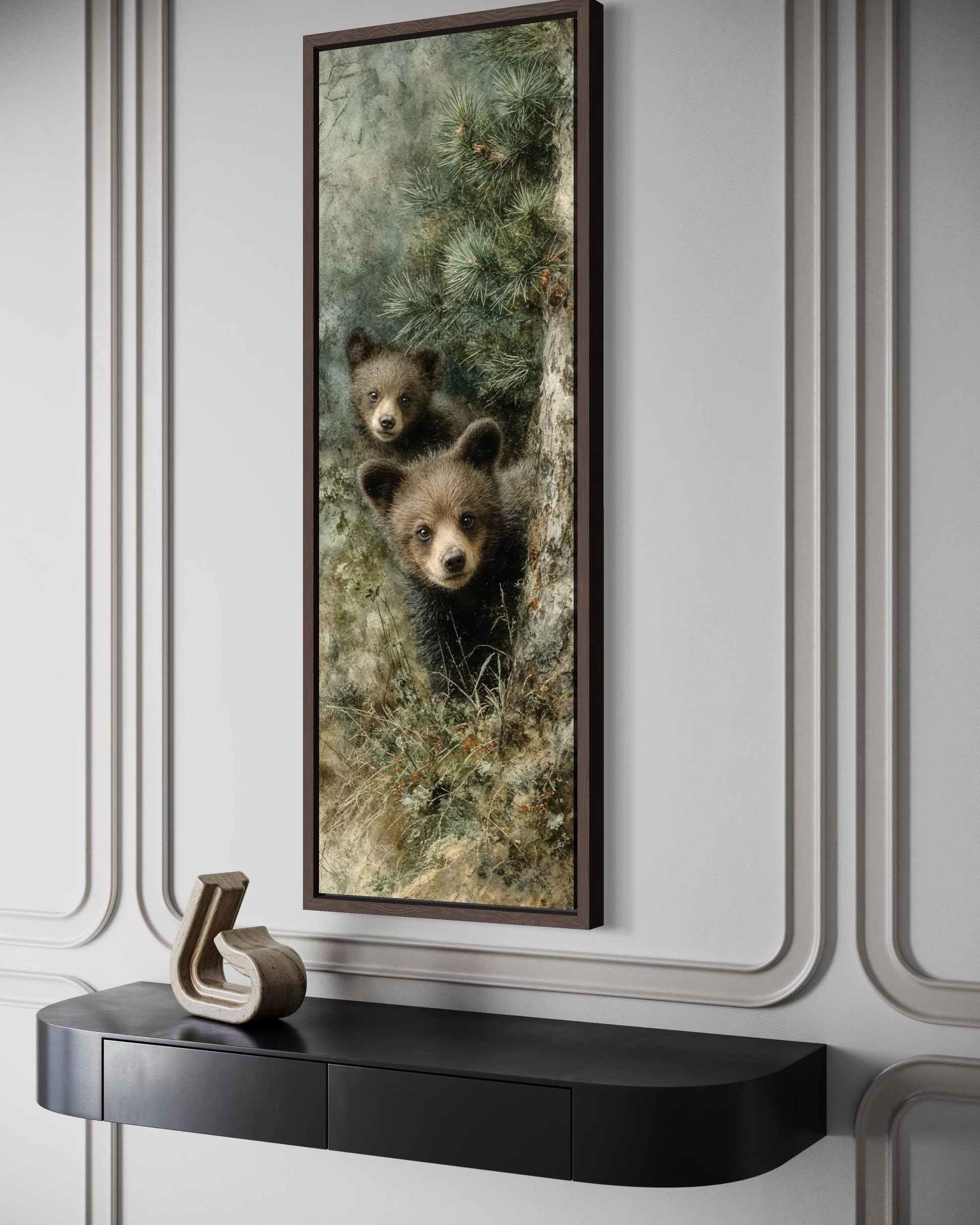 Tall Narrow Baby Bear Cubs Peeking From Pine Tree Canvas Wall Art For Cabin Decor