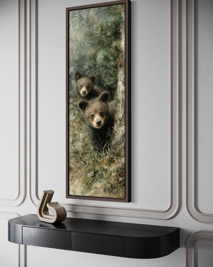 Tall Narrow Baby Bear Cubs Peeking From Pine Tree Canvas Wall Art For Cabin Decor