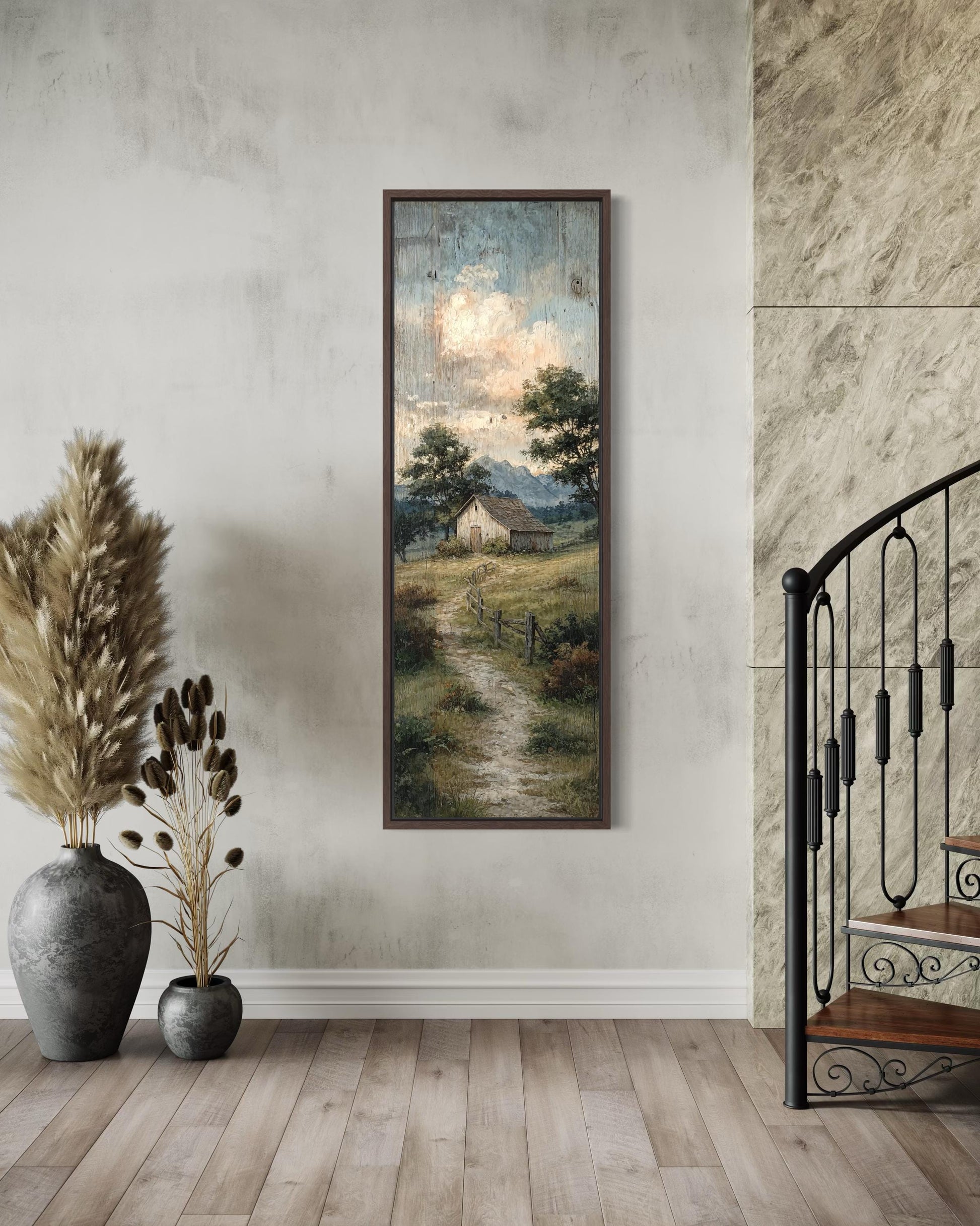 Tall Narrow Barn With Rustic Country Path Landscape Wall Art For Farmhouse Decor