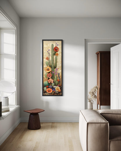 Tall Narrow Blooming Saguaro Cactus Vertical Canvas Wall Art