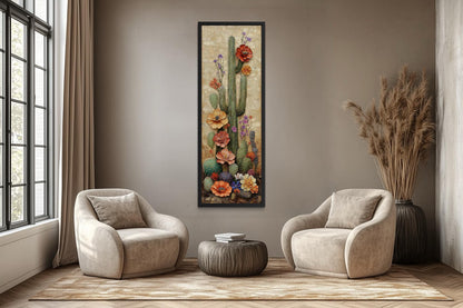 Tall Narrow Blooming Saguaro Cactus Vertical Canvas Wall Art