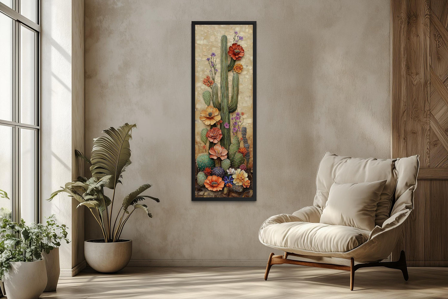 Tall Narrow Blooming Saguaro Cactus Vertical Canvas Wall Art