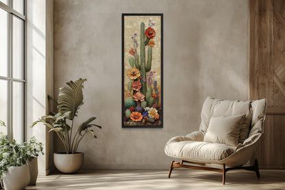 Tall Narrow Blooming Saguaro Cactus Vertical Canvas Wall Art