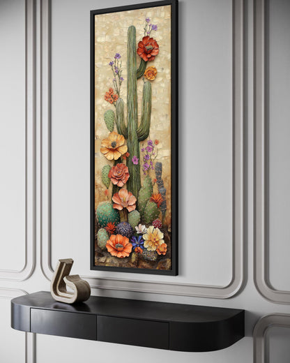 Tall Narrow Blooming Saguaro Cactus Vertical Canvas Wall Art