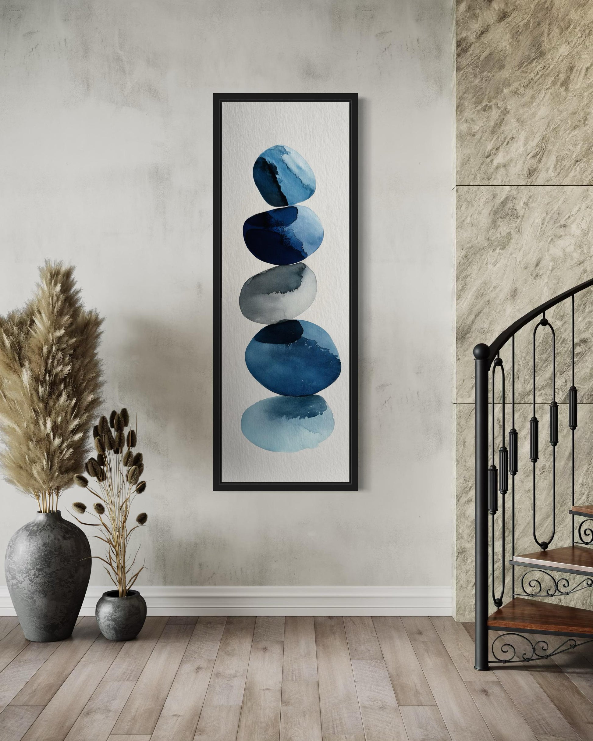Tall Narrow Blue Pebbles Abstract Wall Art