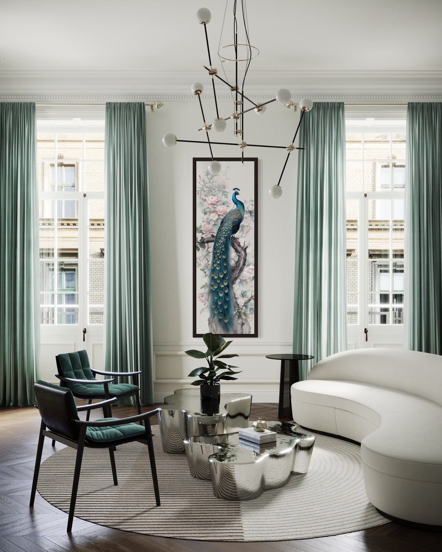 Tall Narrow Chinoiserie Peacock Vertical Framed Canvas Wall Art