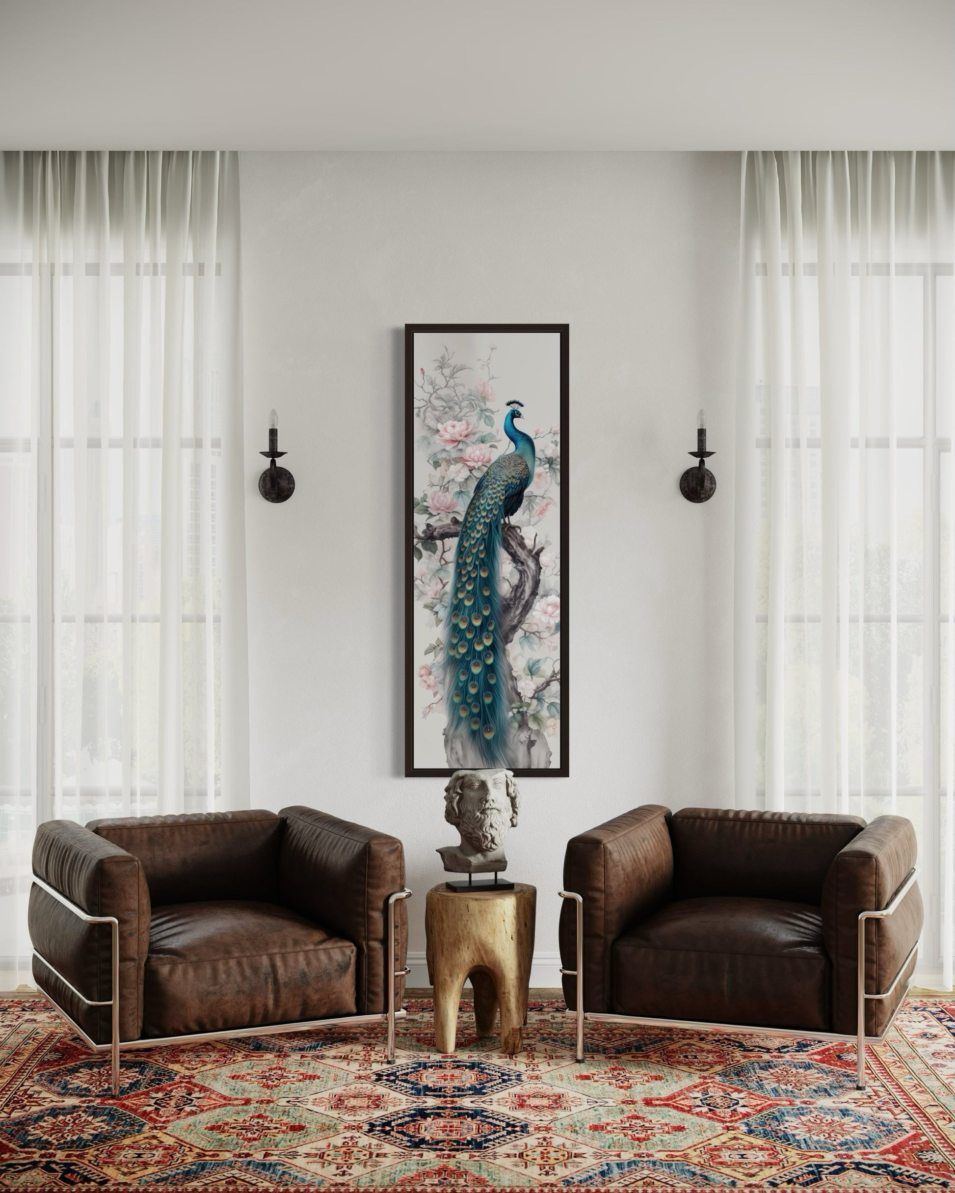 Tall Narrow Chinoiserie Peacock Vertical Framed Canvas Wall Art