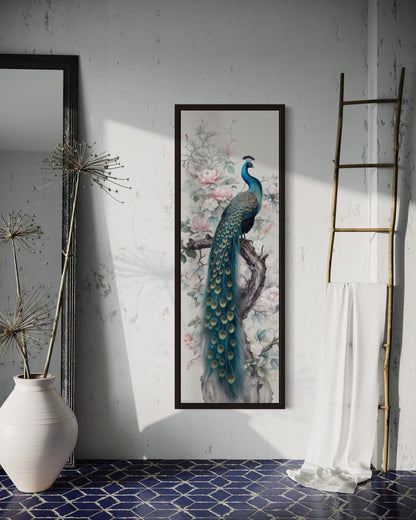 Tall Narrow Chinoiserie Peacock Vertical Framed Canvas Wall Art