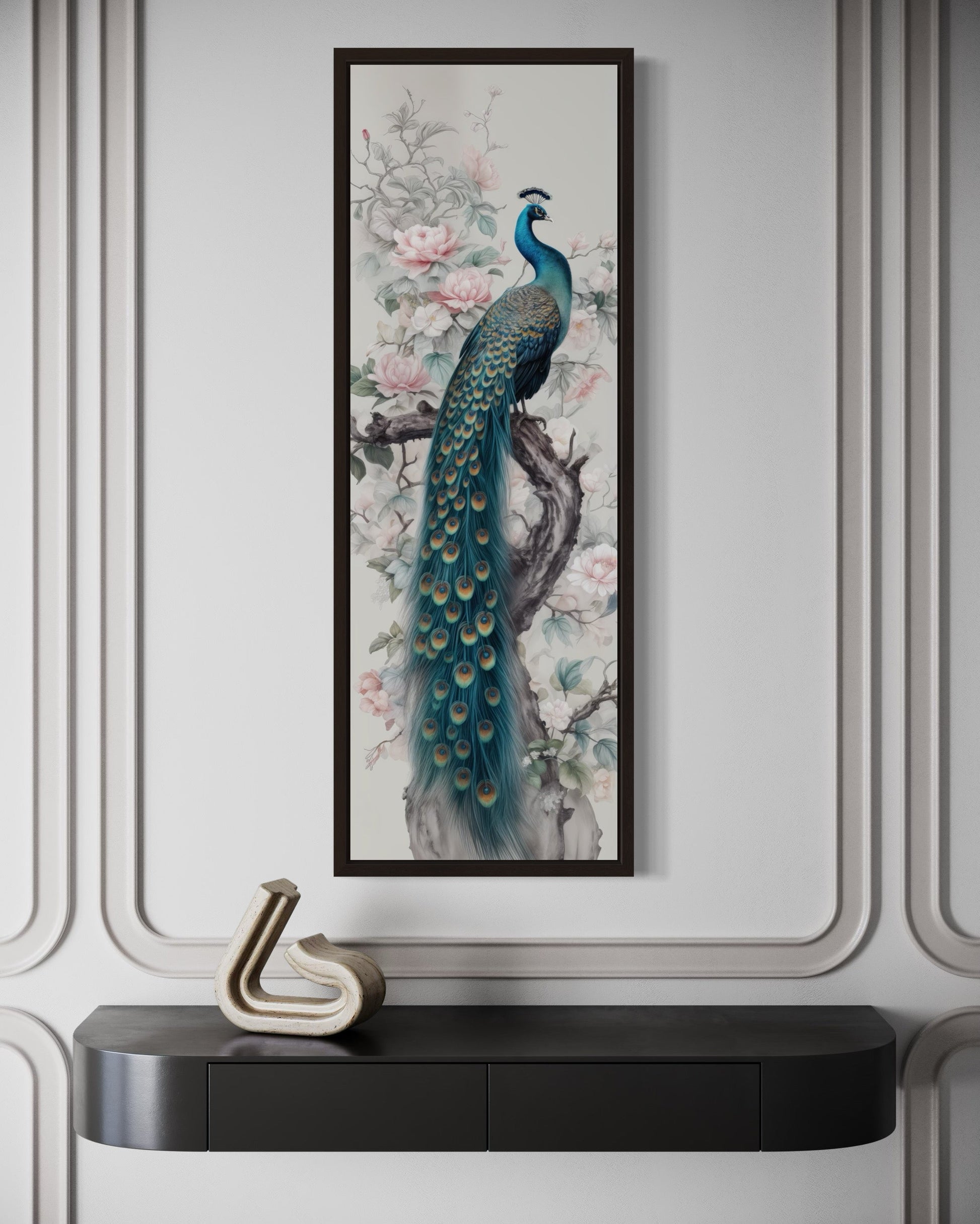 Tall Narrow Chinoiserie Peacock Vertical Framed Canvas Wall Art