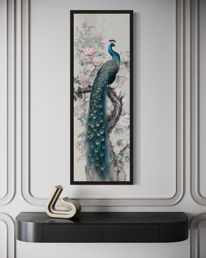 Tall Narrow Chinoiserie Peacock Vertical Framed Canvas Wall Art