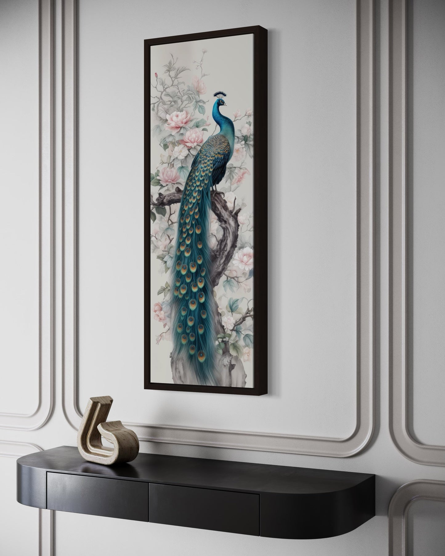 Tall Narrow Chinoiserie Peacock Vertical Framed Canvas Wall Art