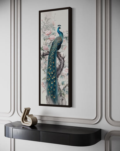 Tall Narrow Chinoiserie Peacock Vertical Framed Canvas Wall Art