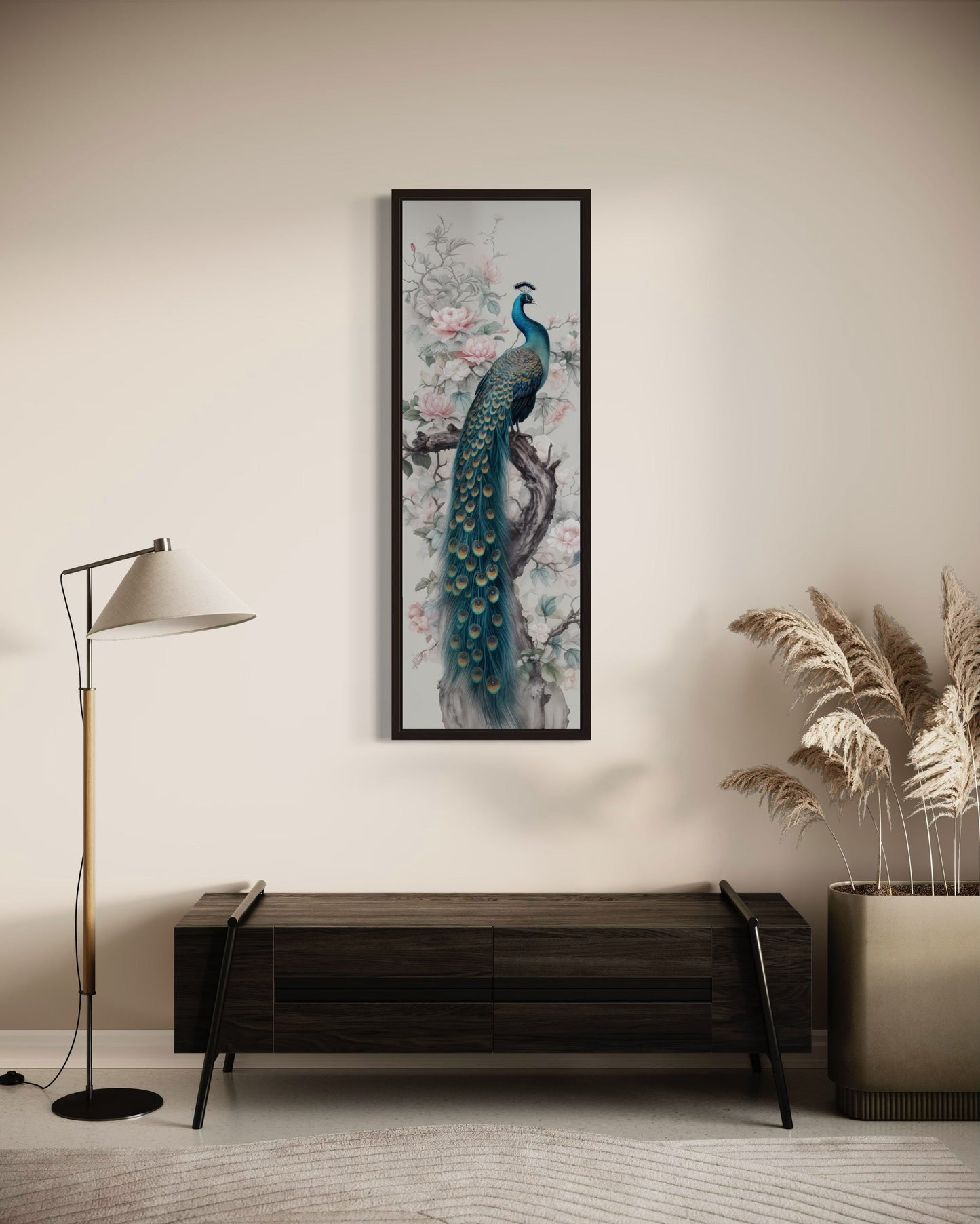 Tall Narrow Chinoiserie Peacock Vertical Framed Canvas Wall Art
